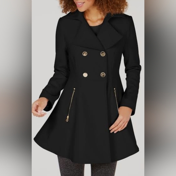 Laundry by Shelli Segal Black Fit-and-Flare Double-Breasted Coat SizeL/ P2P21 - Picture 11 of 12